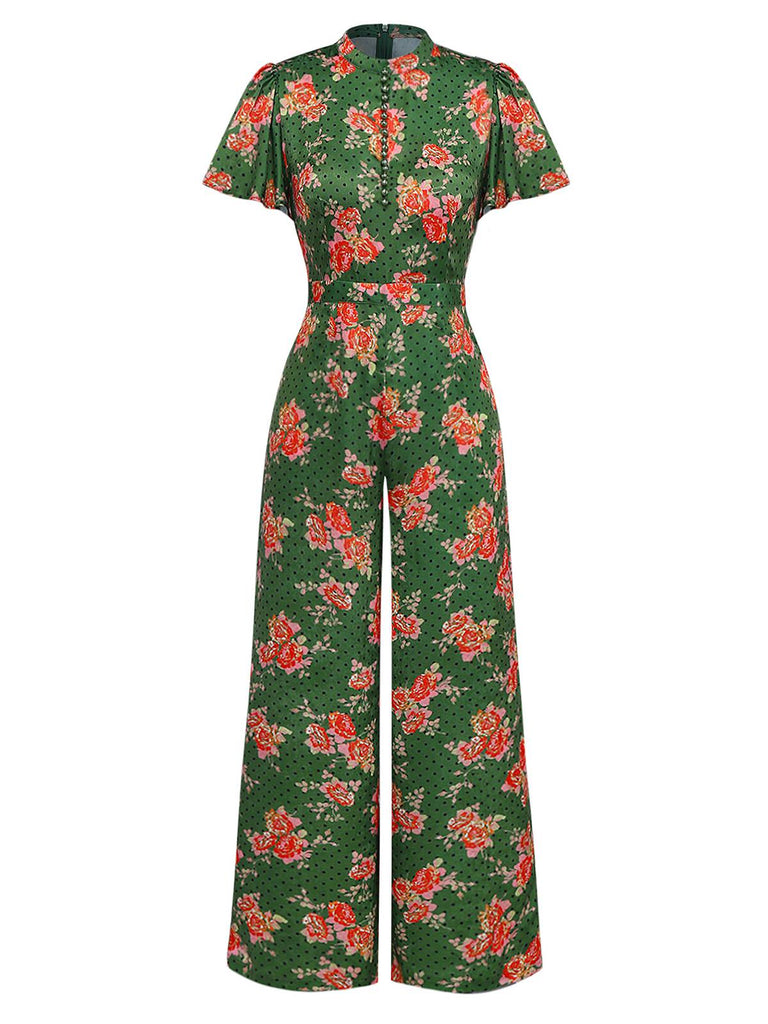 [Pre-Sale] Green 1940s Rose Ruffled Polka Dot Button Jumpsuit