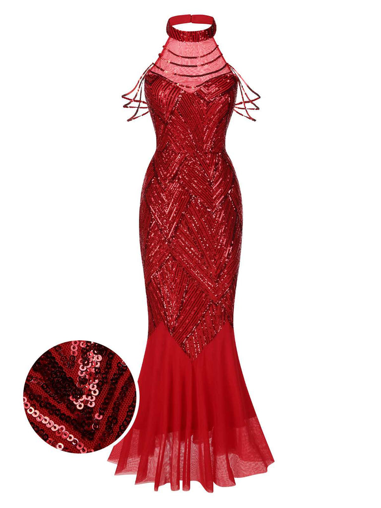 [Pre-Sale] Red 1920s Halter Sequined Beaded Maxi Dress