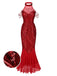[Pre-Sale] Red 1920s Halter Sequined Beaded Maxi Dress