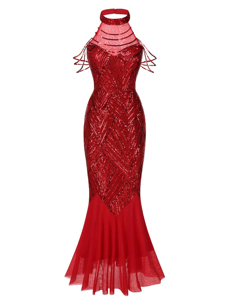 [Pre-Sale] Red 1920s Halter Sequined Beaded Maxi Dress