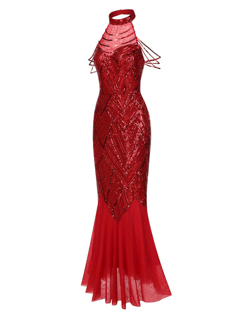 [Pre-Sale] Red 1920s Halter Sequined Beaded Maxi Dress
