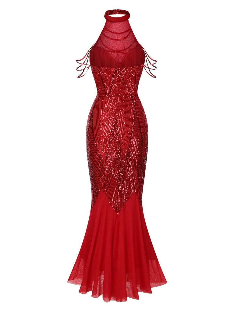 [Pre-Sale] Red 1920s Halter Sequined Beaded Maxi Dress
