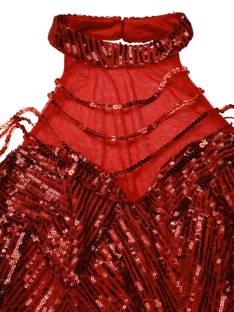[Pre-Sale] Red 1920s Halter Sequined Beaded Maxi Dress