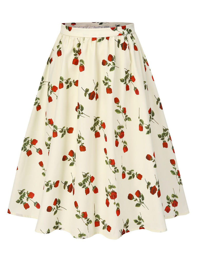 [Pre-Sale] White 1950s Red Rose Ruched Skirt