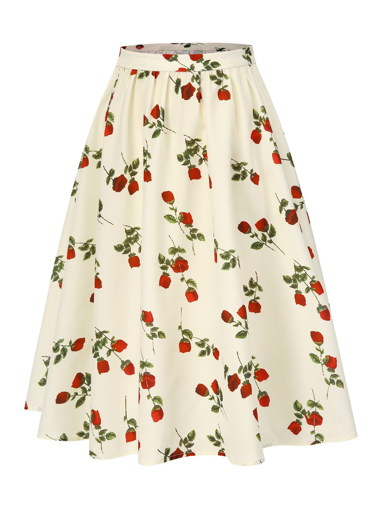 [Pre-Sale] White 1950s Red Rose Ruched Skirt