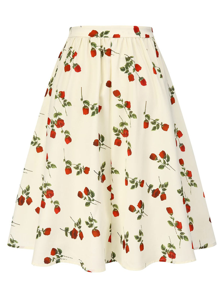 [Pre-Sale] White 1950s Red Rose Ruched Skirt