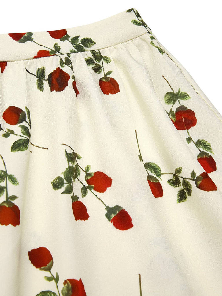[Pre-Sale] White 1950s Red Rose Ruched Skirt