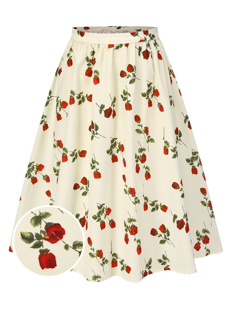 [Pre-Sale] White 1950s Red Rose Ruched Skirt