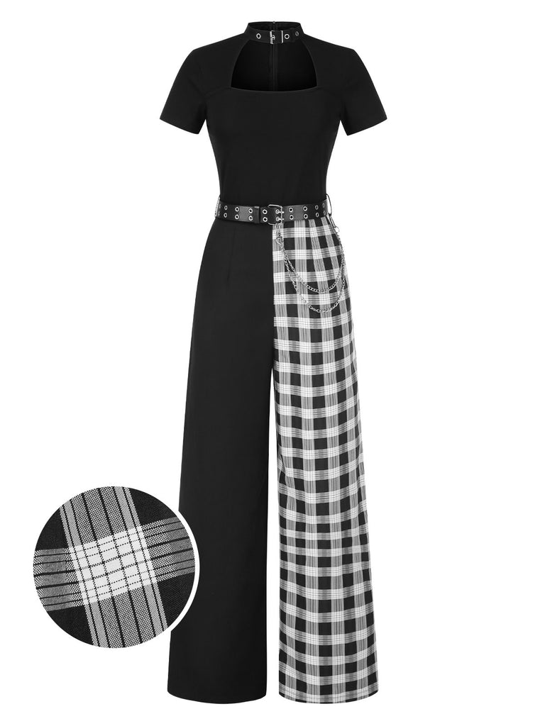 [Pre-Sale] Black 1980s Punk Plaid Chain Buckle Halter Cutout Jumpsuit