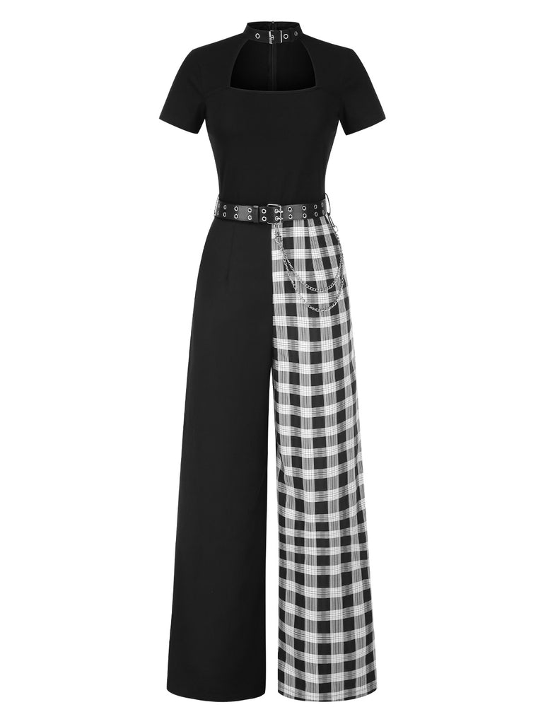 [Pre-Sale] Black 1980s Punk Plaid Chain Buckle Halter Cutout Jumpsuit