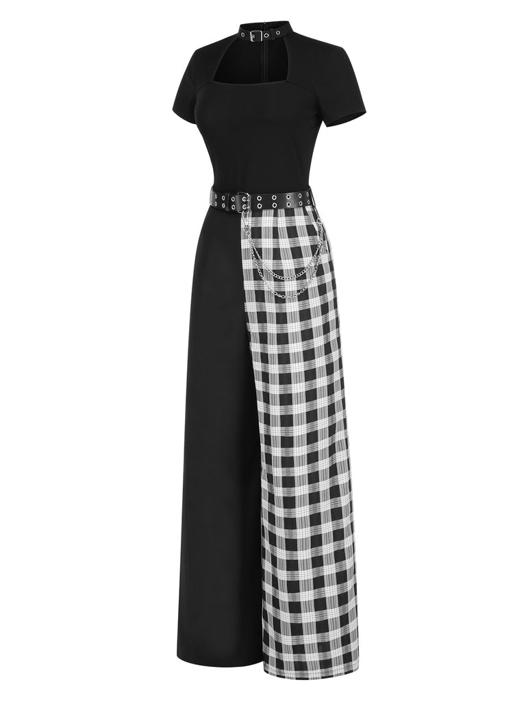 [Pre-Sale] Black 1980s Punk Plaid Chain Buckle Halter Cutout Jumpsuit