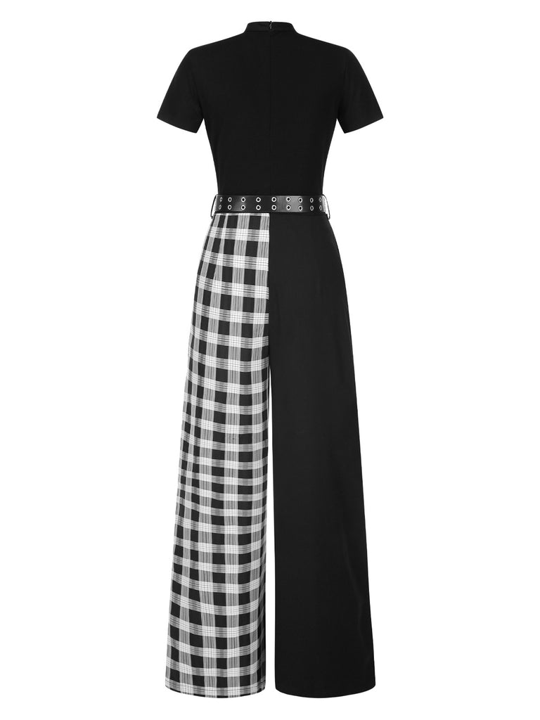 [Pre-Sale] Black 1980s Punk Plaid Chain Buckle Halter Cutout Jumpsuit