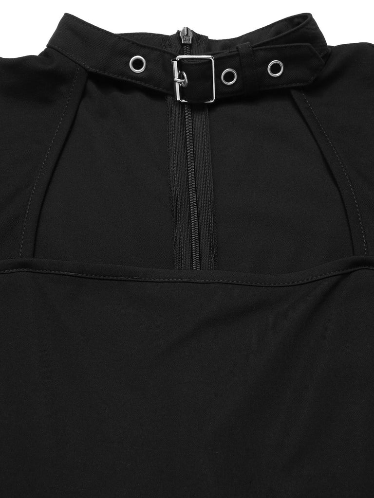 [Pre-Sale] Black 1980s Punk Plaid Chain Buckle Halter Cutout Jumpsuit
