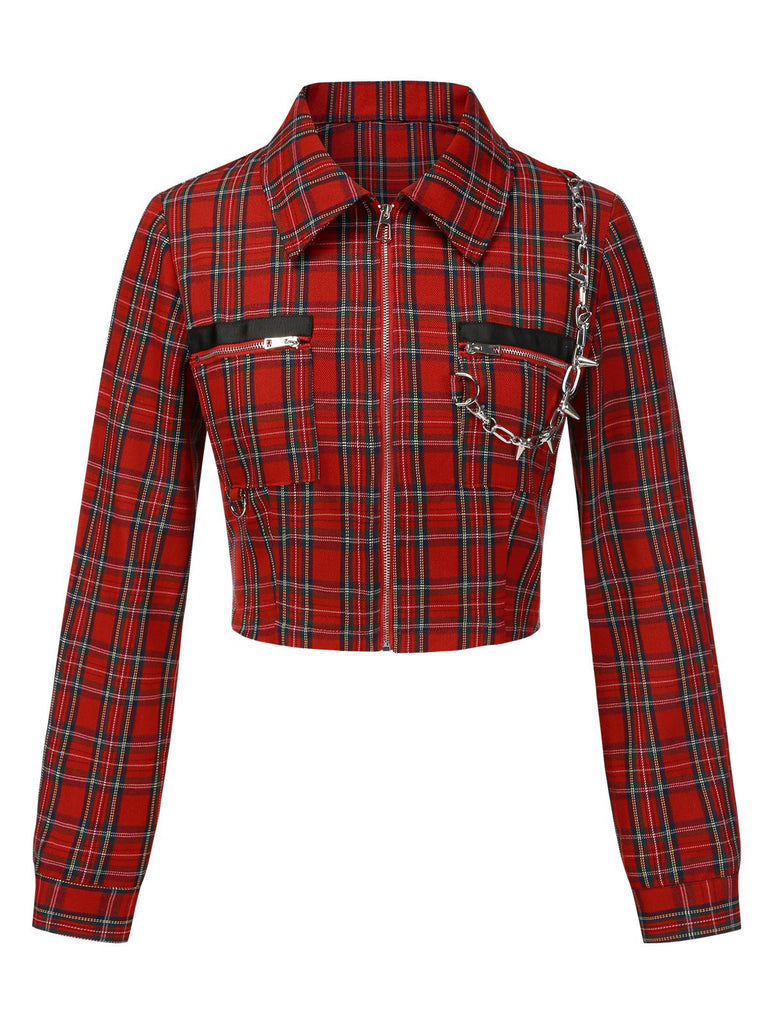 [Pre-Sale] Red 1980s Plaid Patchwork Chain Punk Jacket