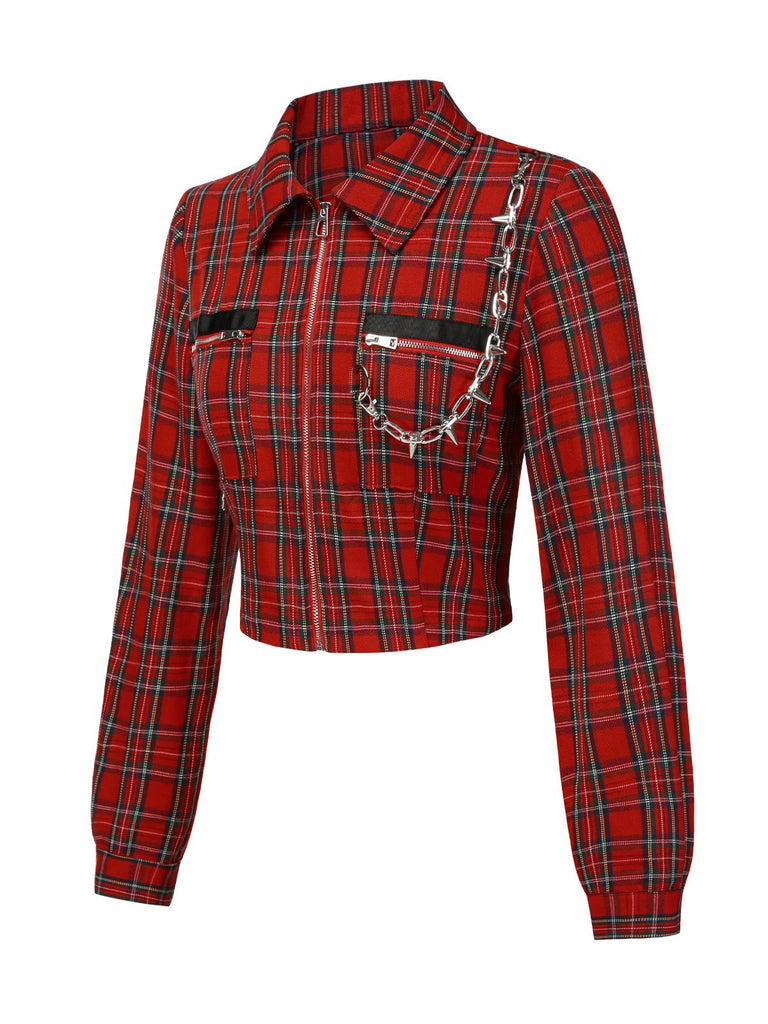 [Pre-Sale] Red 1980s Plaid Patchwork Chain Punk Jacket