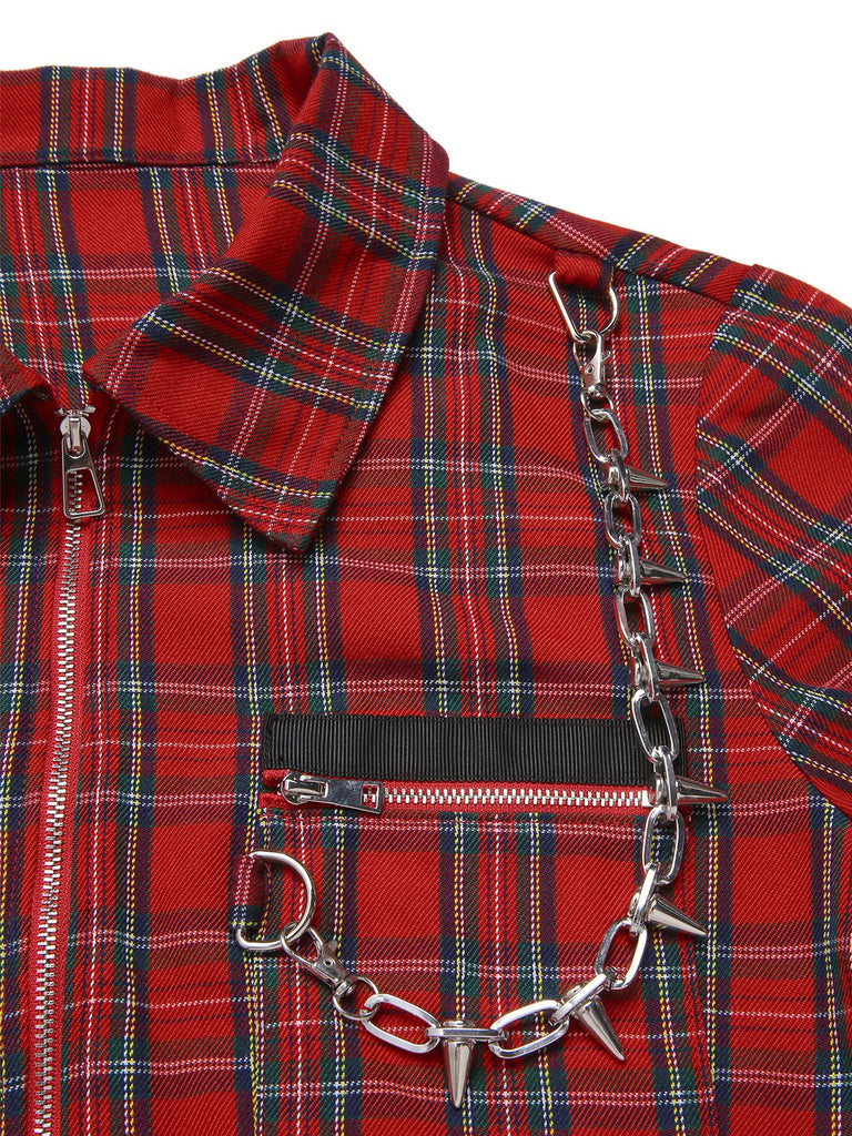 [Pre-Sale] Red 1980s Plaid Patchwork Chain Punk Jacket