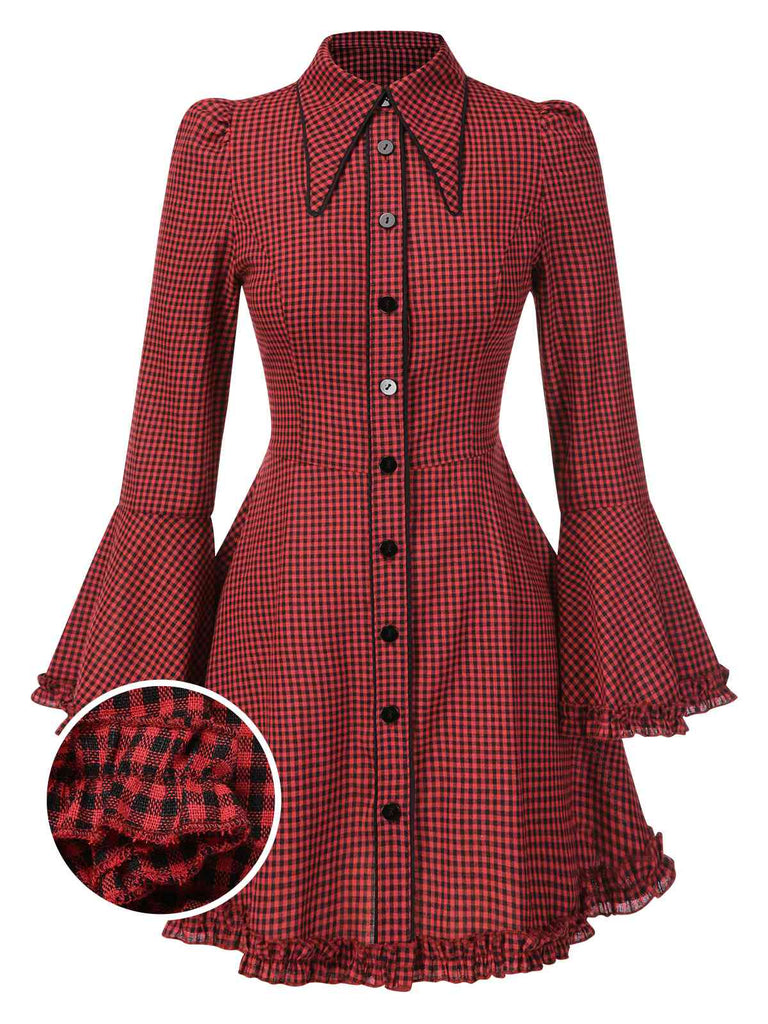 [Pre-Sale] Red 1960s Gothic Plaid Flared Sleeve Lace-Up Dress