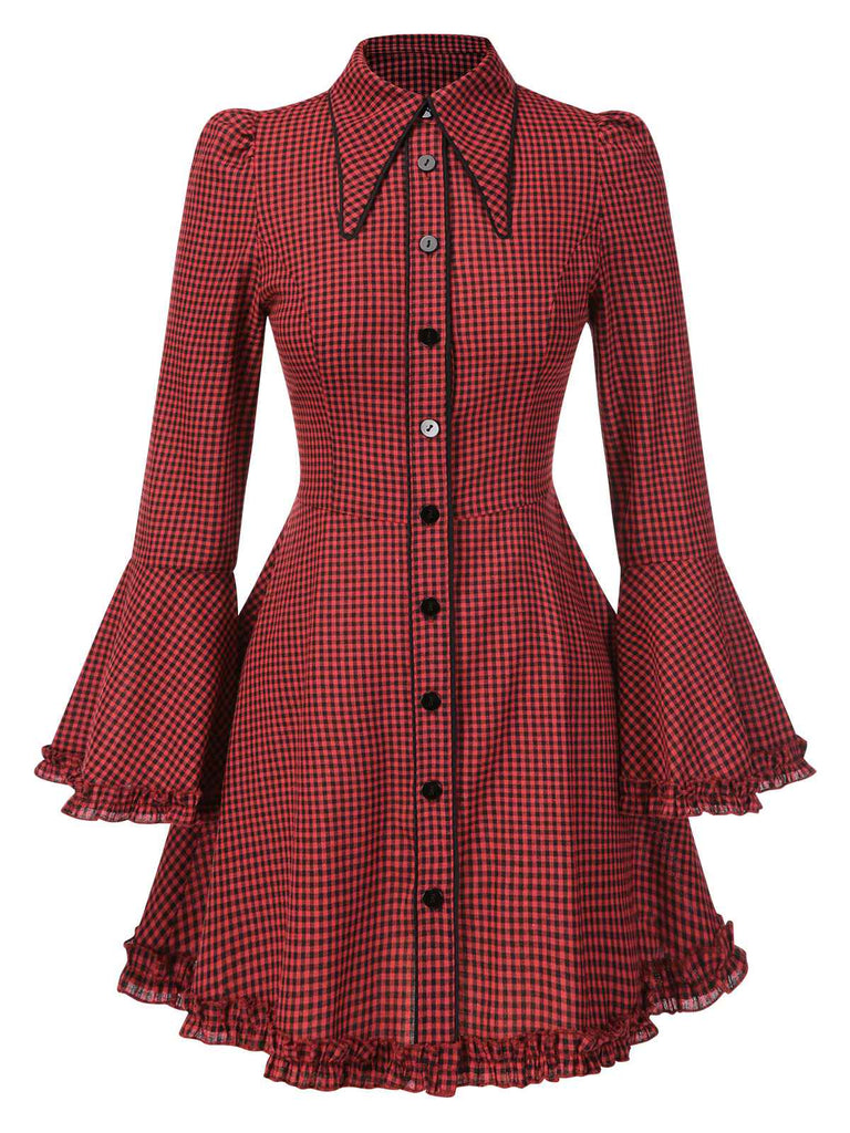 [Pre-Sale] Red 1960s Gothic Plaid Flared Sleeve Lace-Up Dress