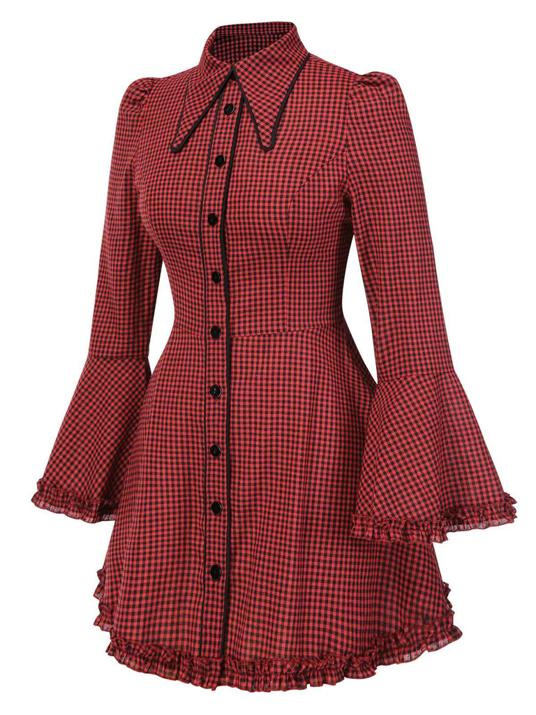 [Pre-Sale] Red 1960s Gothic Plaid Flared Sleeve Lace-Up Dress