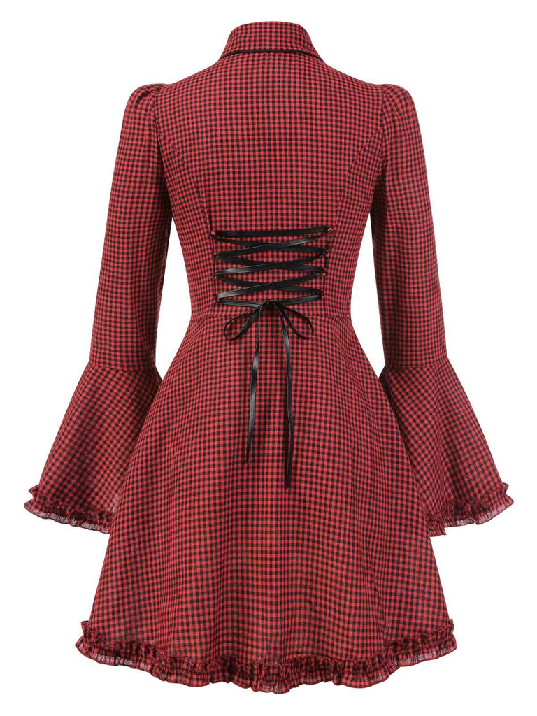 [Pre-Sale] Red 1960s Gothic Plaid Flared Sleeve Lace-Up Dress