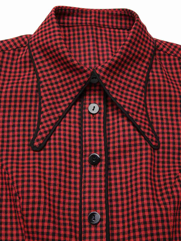 [Pre-Sale] Red 1960s Gothic Plaid Flared Sleeve Lace-Up Dress