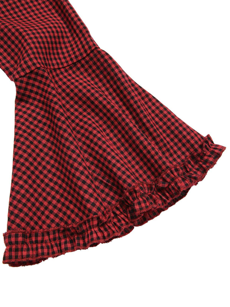 [Pre-Sale] Red 1960s Gothic Plaid Flared Sleeve Lace-Up Dress