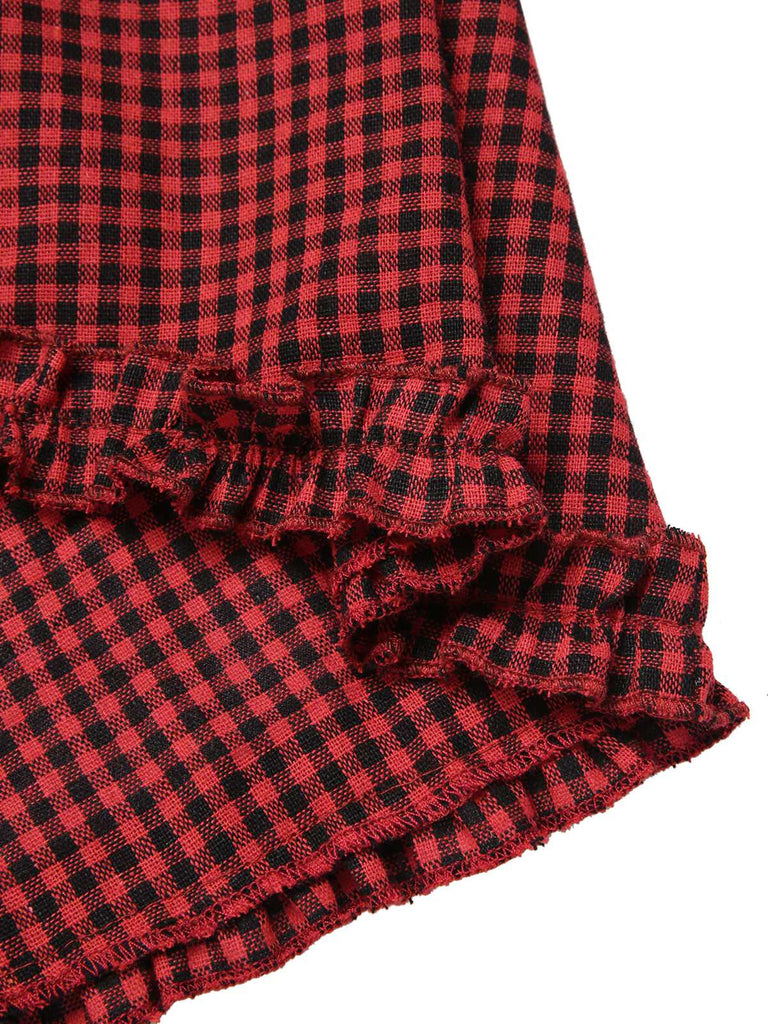 [Pre-Sale] Red 1960s Gothic Plaid Flared Sleeve Lace-Up Dress