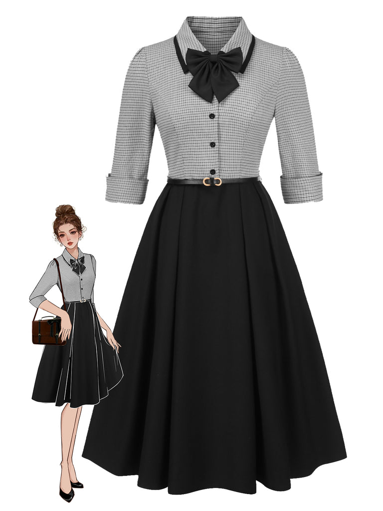 [Pre-Sale] 1950s Houndstooth Detachable Bow Collar Dress