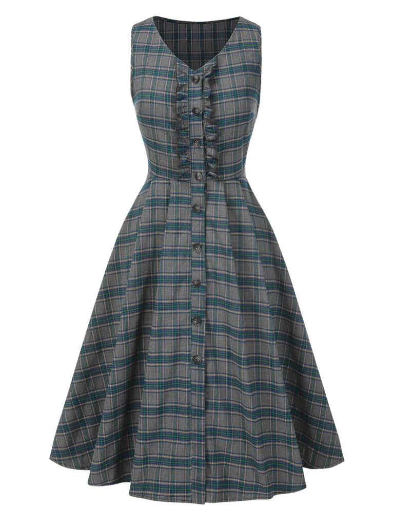 [Pre-Sale] 2PCS Gray 1950s Plaid Ruffled Dress & Cotton Blouse