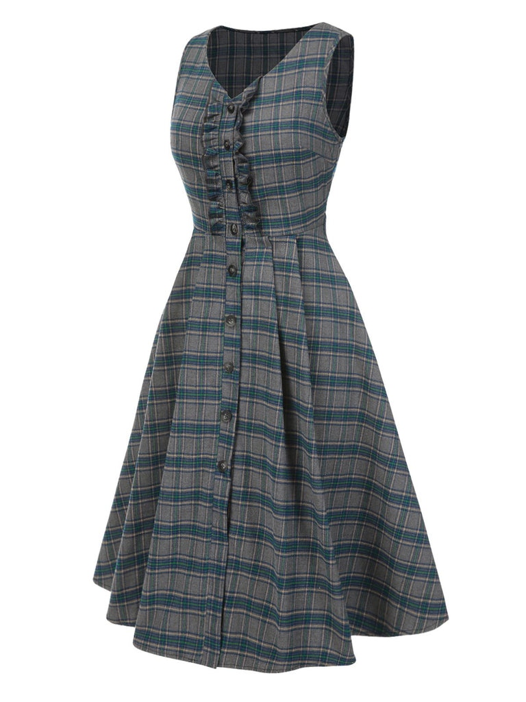 [Pre-Sale] 2PCS Gray 1950s Plaid Ruffled Dress & Cotton Blouse