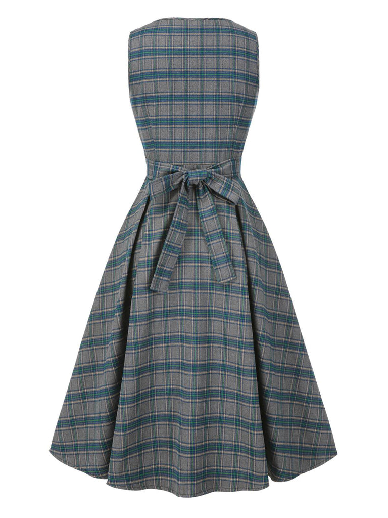 [Pre-Sale] 2PCS Gray 1950s Plaid Ruffled Dress & Cotton Blouse