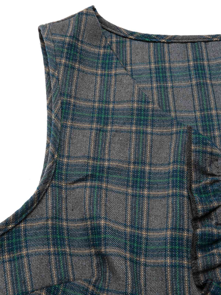 [Pre-Sale] 2PCS Gray 1950s Plaid Ruffled Dress & Cotton Blouse