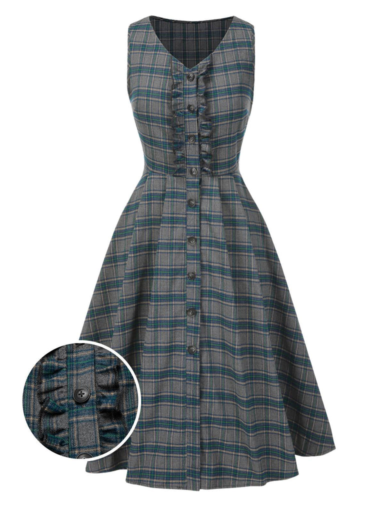 [Pre-Sale] Gray 1950s Plaid V-Neck Sleeveless Ruffled Dress