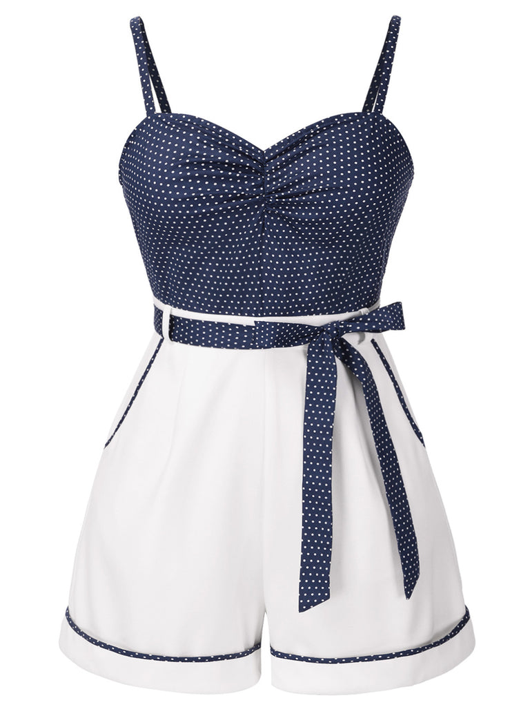 [Plus Size] Blue 1940s Polka Dot Patchwork Suspender Romper