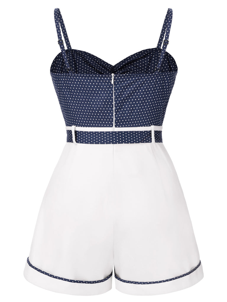 [Plus Size] Blue 1940s Polka Dot Patchwork Suspender Romper