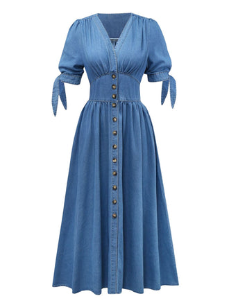 Blue 1940s V-Neck Knot Cuff Denim Dress