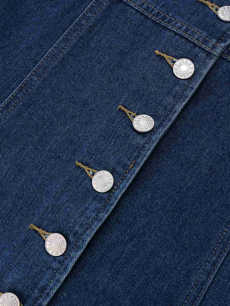 Deep Blue 1970s Denim Lapel Sleeveless Button Dress