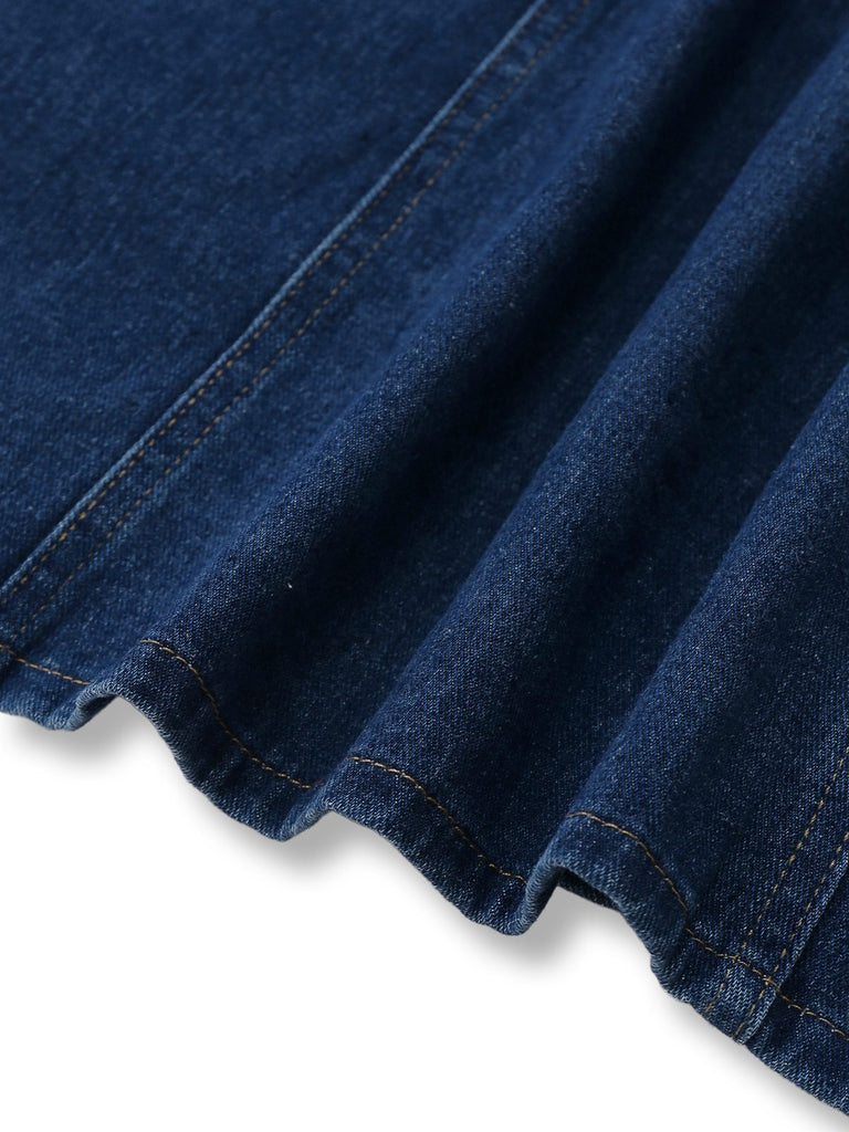 Deep Blue 1970s Denim Lapel Sleeveless Button Dress