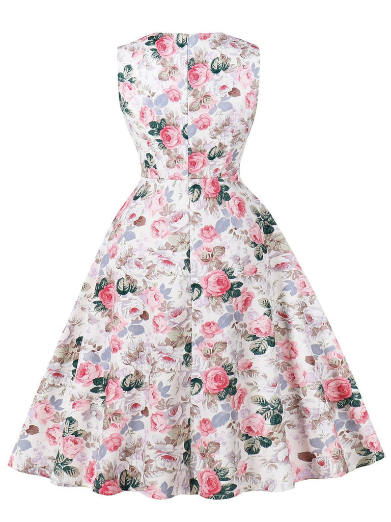 Pink 1950s Floral Bow Sweetheart Neck Swing Dress