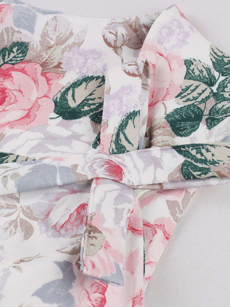 Pink 1950s Floral Bow Sweetheart Neck Swing Dress