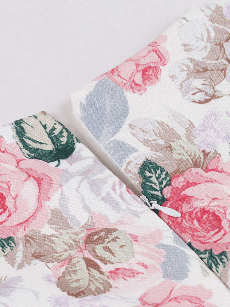 Pink 1950s Floral Bow Sweetheart Neck Swing Dress