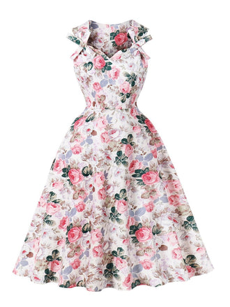 Pink 1950s Floral Bow Sweetheart Neck Swing Dress