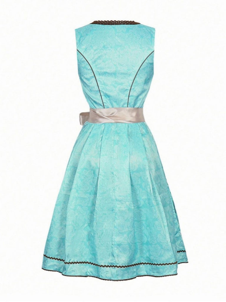 2PCS Sky Blue 1950s Floral Jacquard Dress & Mesh Embroidered Apron