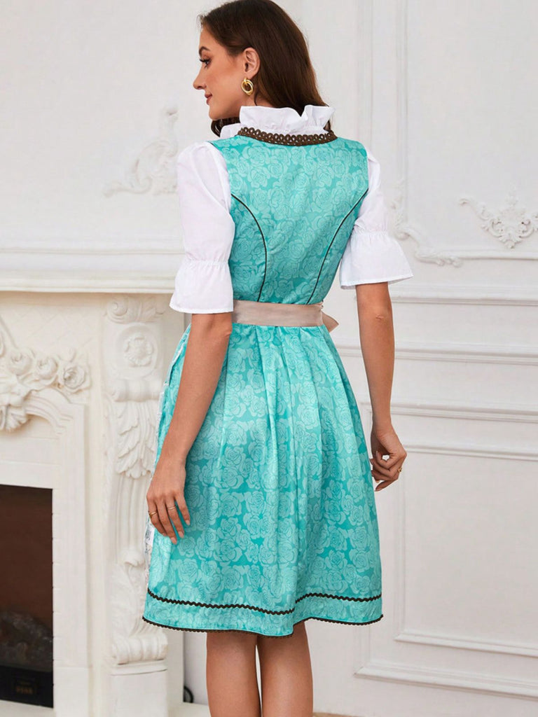 2PCS Sky Blue 1950s Floral Jacquard Dress & Mesh Embroidered Apron