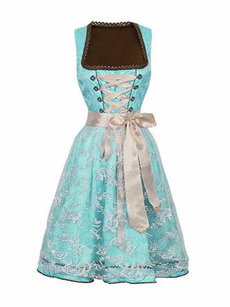 2PCS Sky Blue 1950s Floral Jacquard Dress & Mesh Embroidered Apron