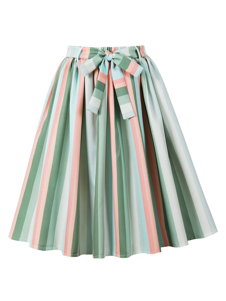 Gray Green 1950s Bow Colorful Stripe Skirt