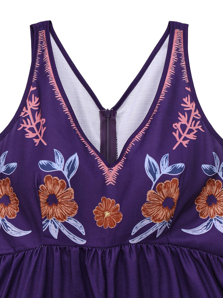 Deep Purple 1970s V-Neck Floral Boho Jumpsuit