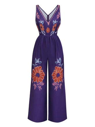 Deep Purple 1970s V-Neck Floral Boho Jumpsuit