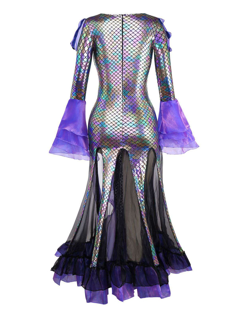 Purple 1930s Halloween Vampire Fish Scales Mermaid Dress