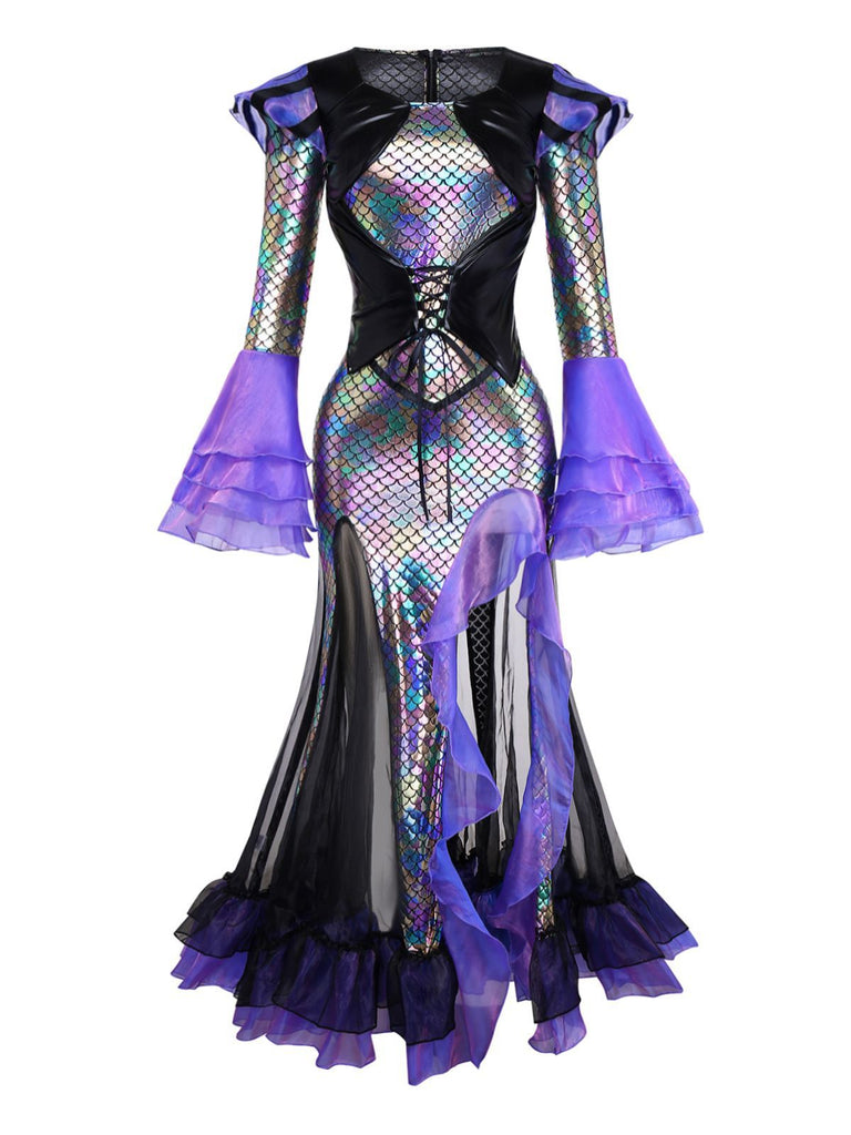 Purple 1930s Halloween Vampire Fish Scales Mermaid Dress